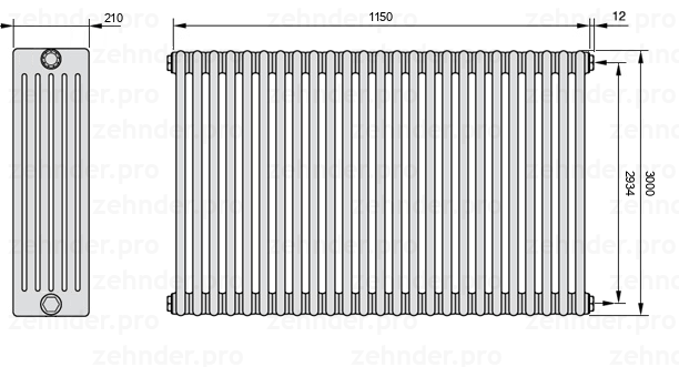 Схема (чертеж) Радиатор Zehnder Charleston 6300/25 №7610 Белый глянцевый RAL 9016